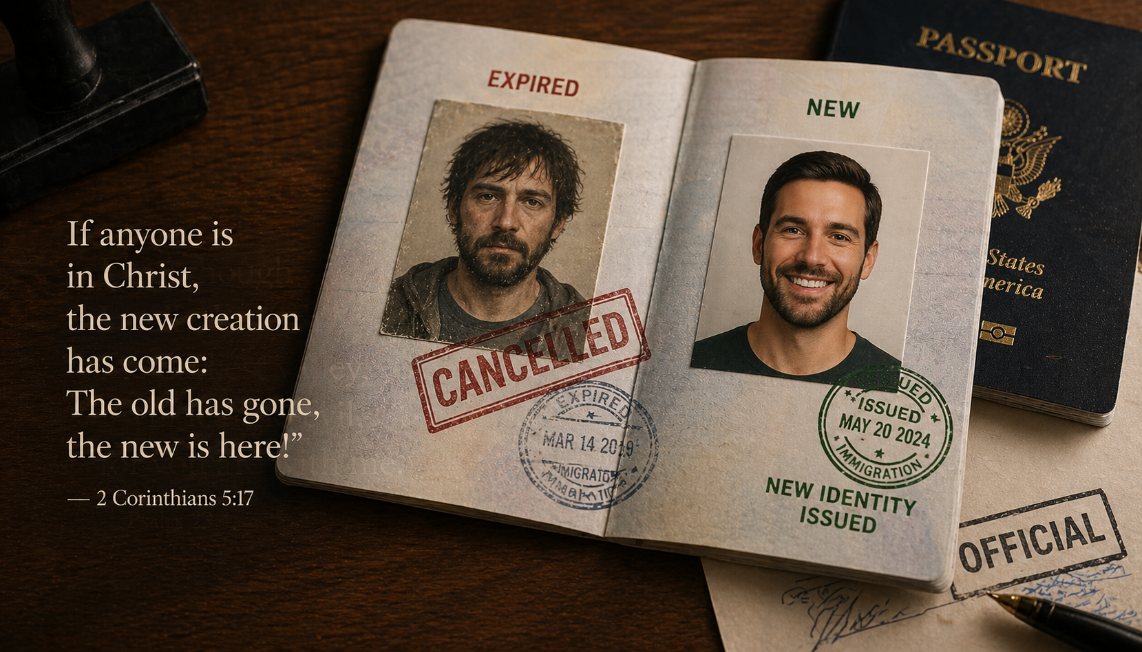 Passport with new photo next to expired one, same person completely different face, desk surface official stamps, old one cancelled, text If anyone is in Christ the new creation has come 2 Corinthians 5:17 -- HD wallpaper